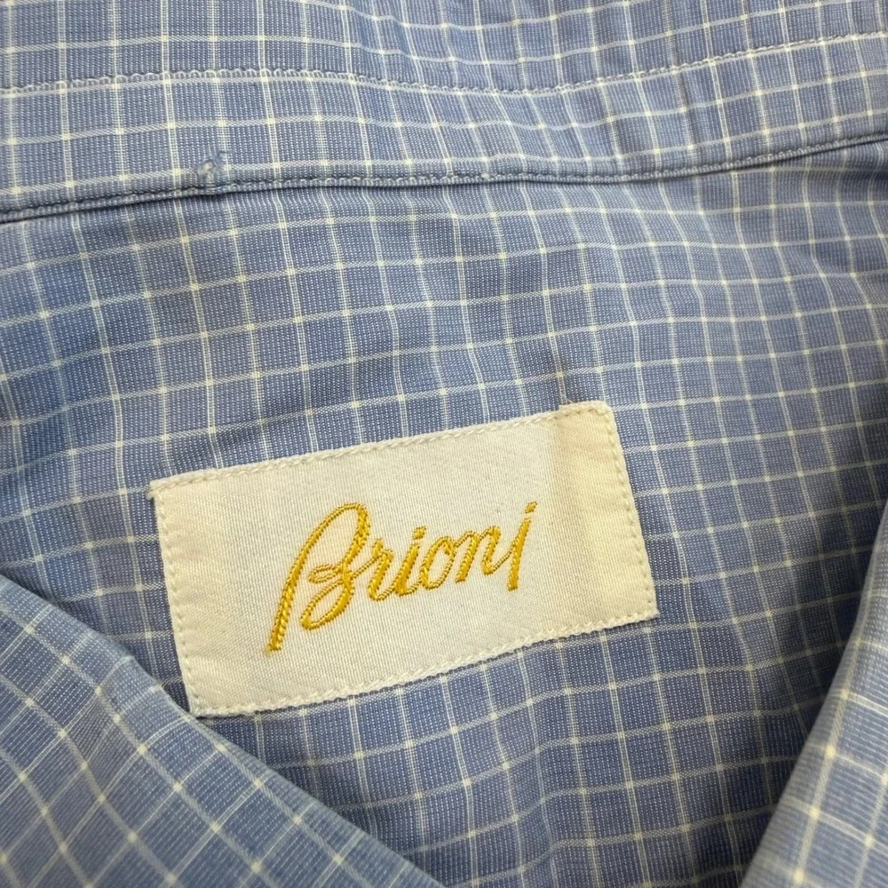Brioni Button-Down Dress Shirt Fits Mens 17.5 Blue White Check Italy Cotton